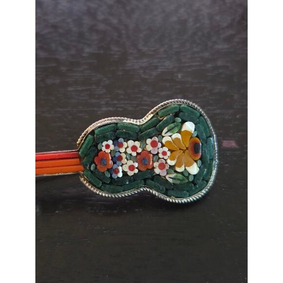 Vintage 1950s-70s Italian Micro Mosaic Guitar Brooch Pin Floral Millefiori Italy - Picture 3 of 5